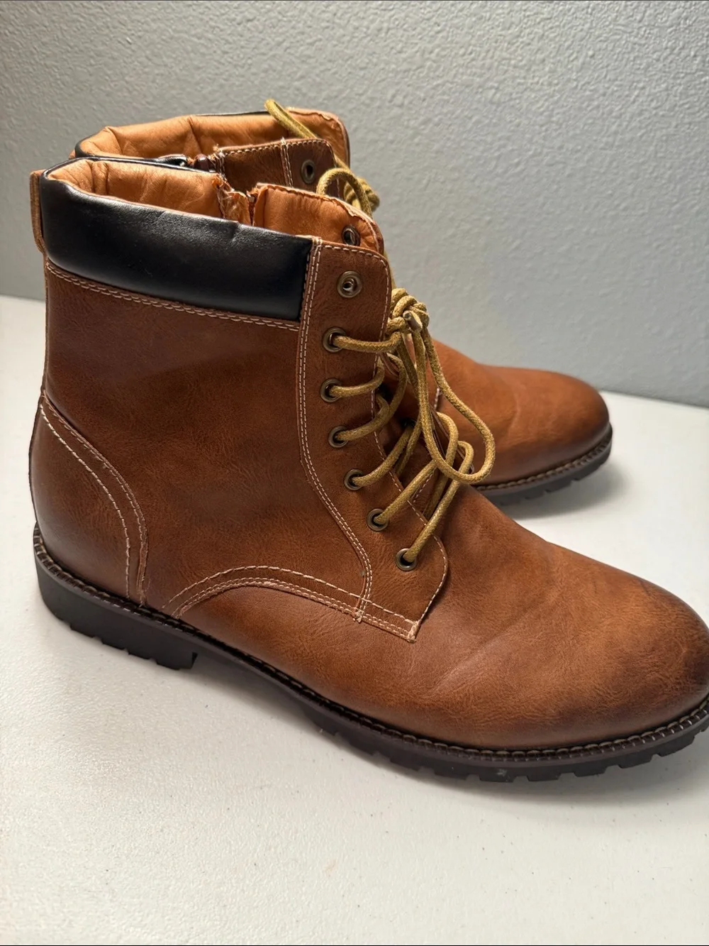 Men's Tan Lace-Up Faux Leather Boots with Fur Lining